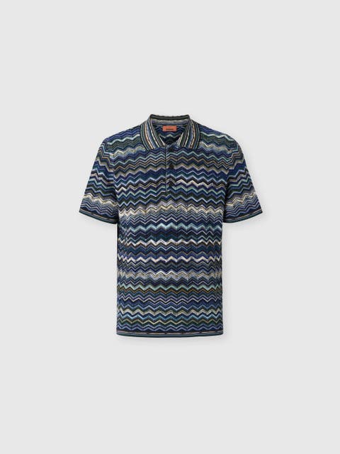 Cotton Knit Polo Shirt With Chevron Pattern