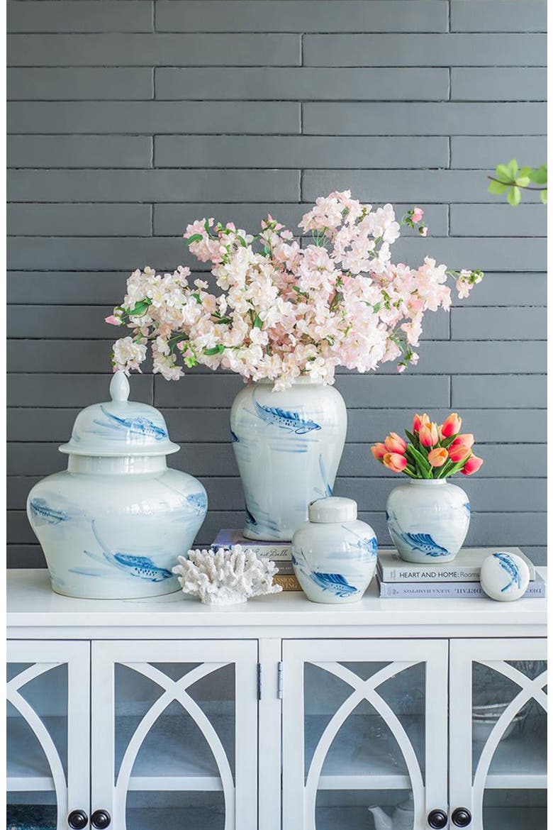 Set of Two Koi Porcelain Lidded Jars, Alternate, color, WHITE