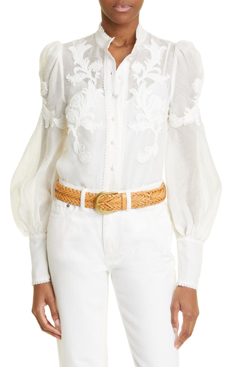 Zimmermann Wonderland Applique Long Sleeve Linen & Silk Blouse, Main, color,