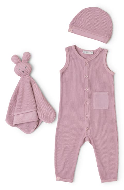 Waffle Knit Romper, Cap & Bunny Set (Baby)