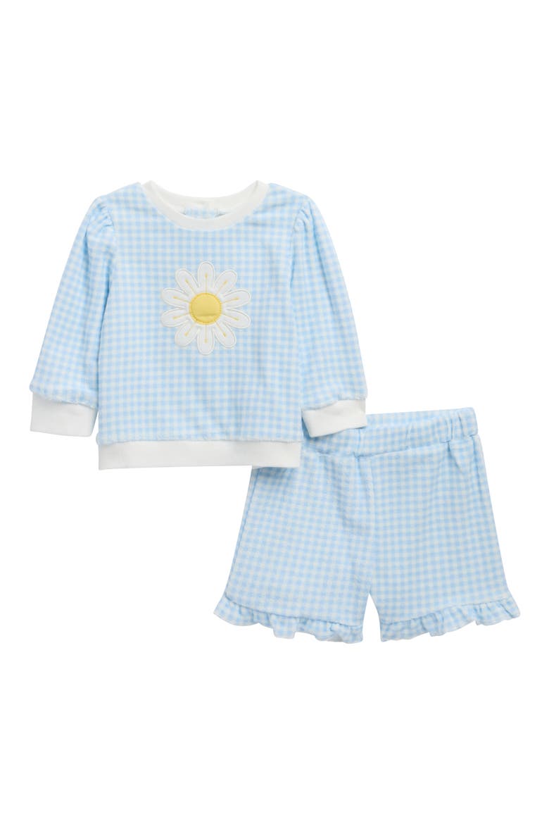 Kids' Daisy Appliqué Cotton Blend Gingham Top & Shorts Set, Main, color, BLUE
