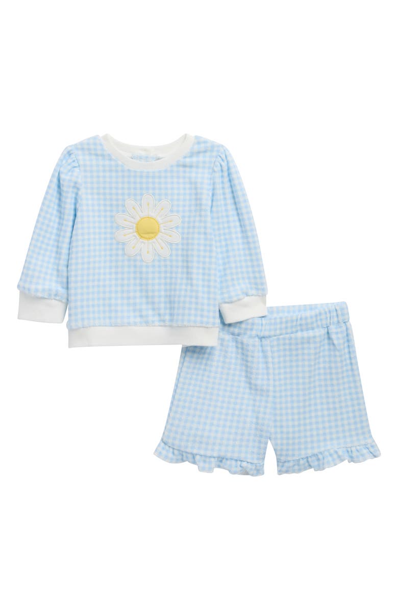 Little Me Kids' Daisy Appliqué Cotton Blend Gingham Top & Shorts Set, Main, color, Blue