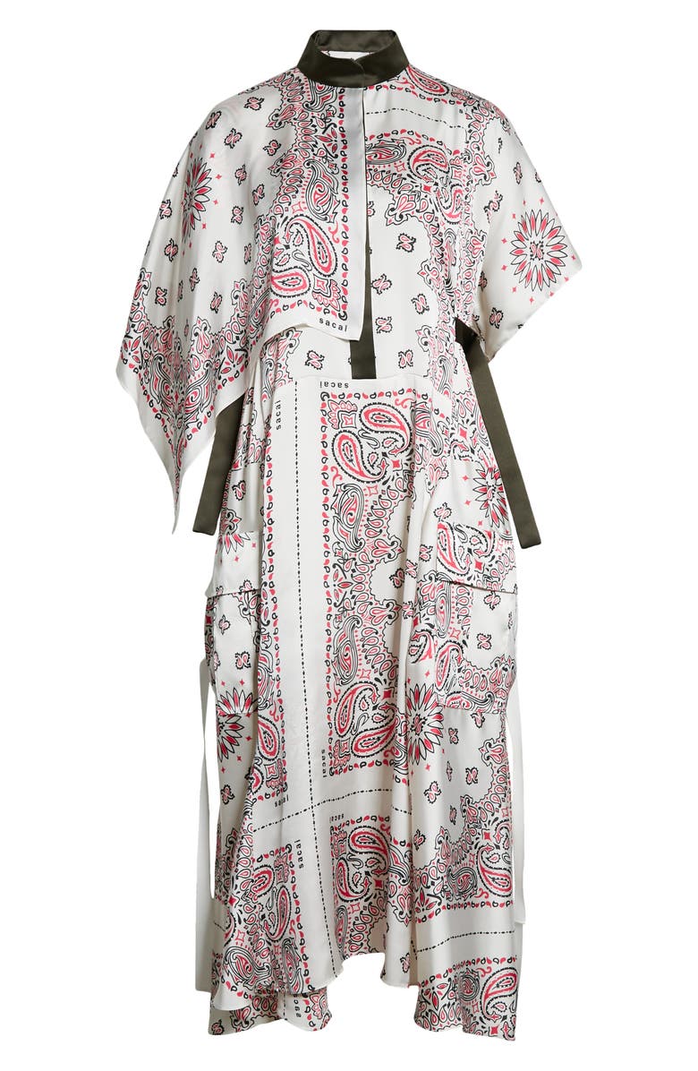 Sacai Bandana Print Asymmetric Draped Satin Midi Dress, Alternate, color, 