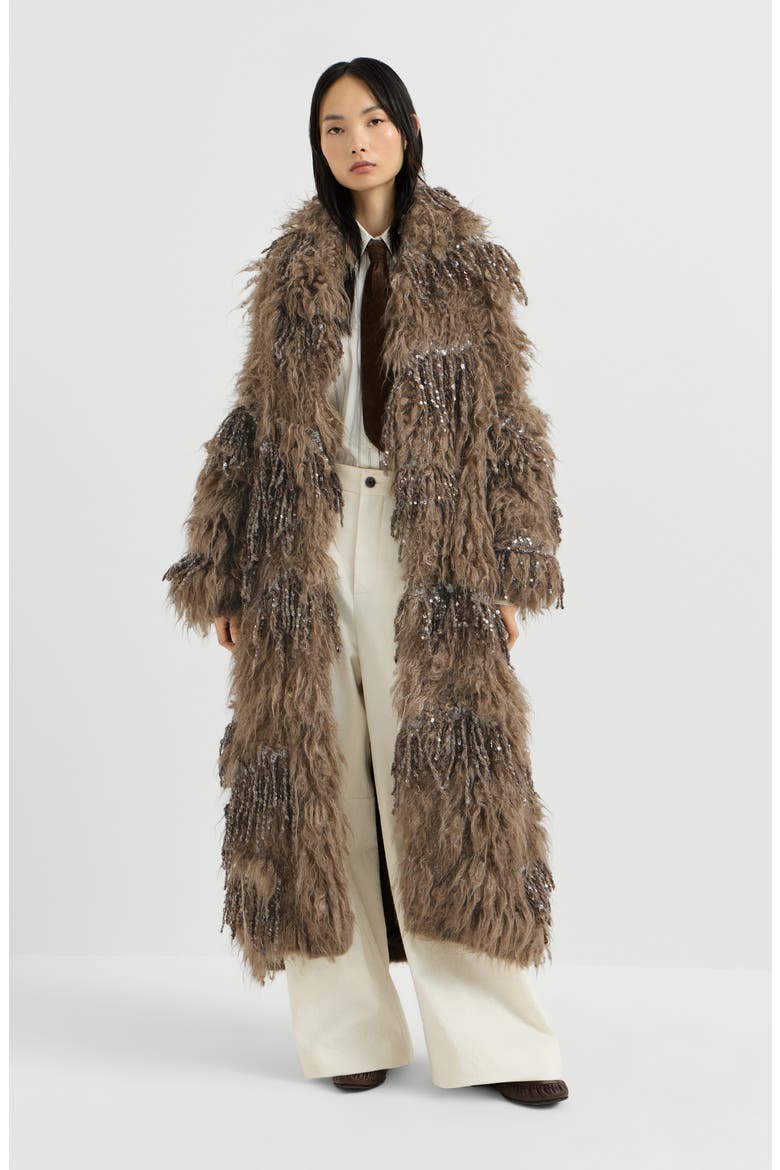 Dazzling moss embroidery long cardigan in mohair and wool, Main, color, Light Brown