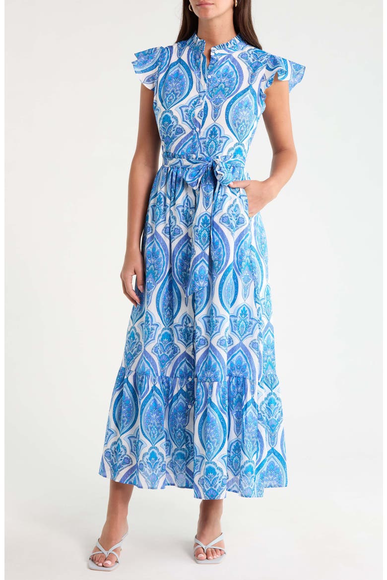 Riah Print Belted Cotton Button-Up Maxi Dress, Main, color, WHITE-BLUES-COMBO