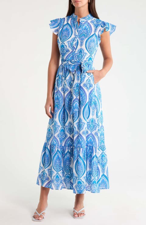 Riah Print Belted Cotton Button-Up Maxi Dress