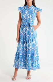 SUGARLIPS Riah Print Belted Cotton Button-Up Maxi Dress