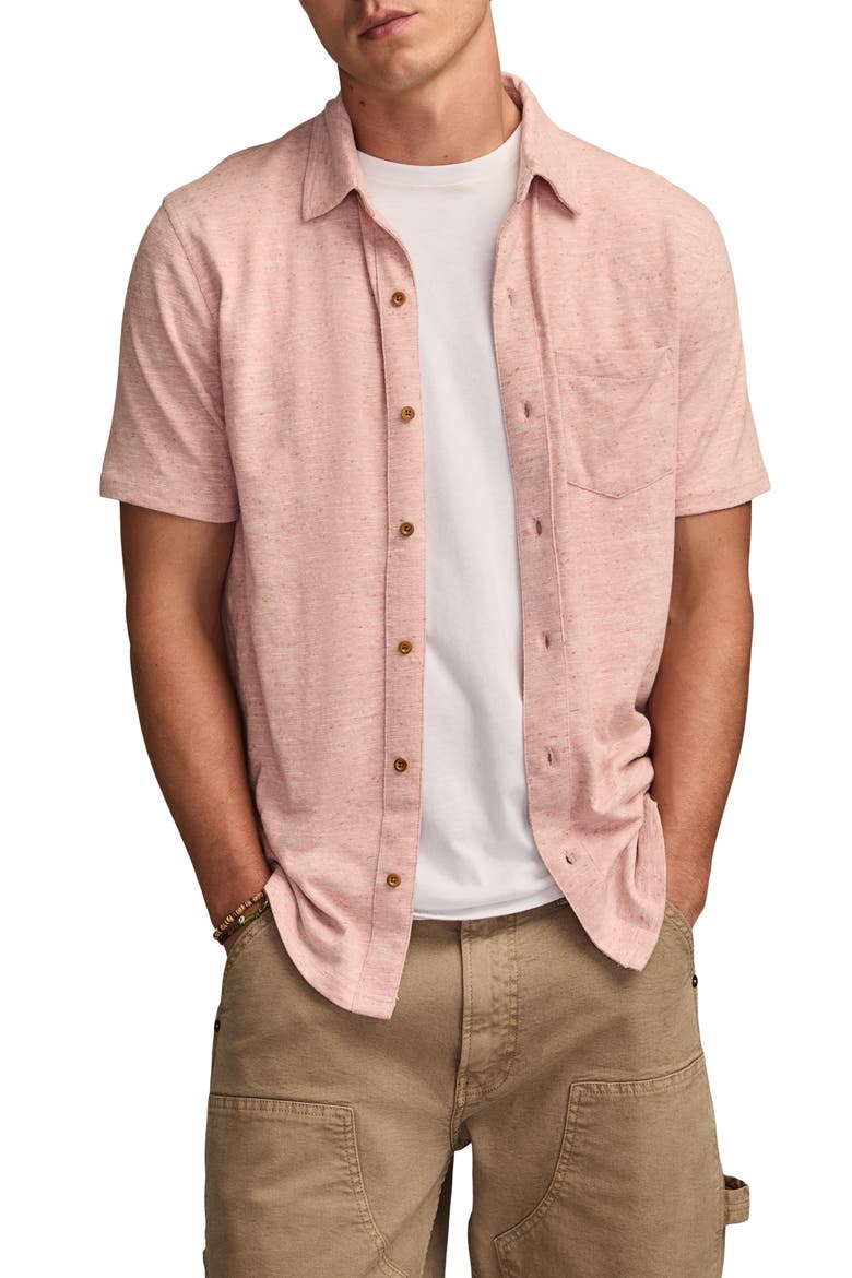 Slub Knit Short Sleeve Cotton Blend Button-Up Shirt, Main, color, ROSE TAN