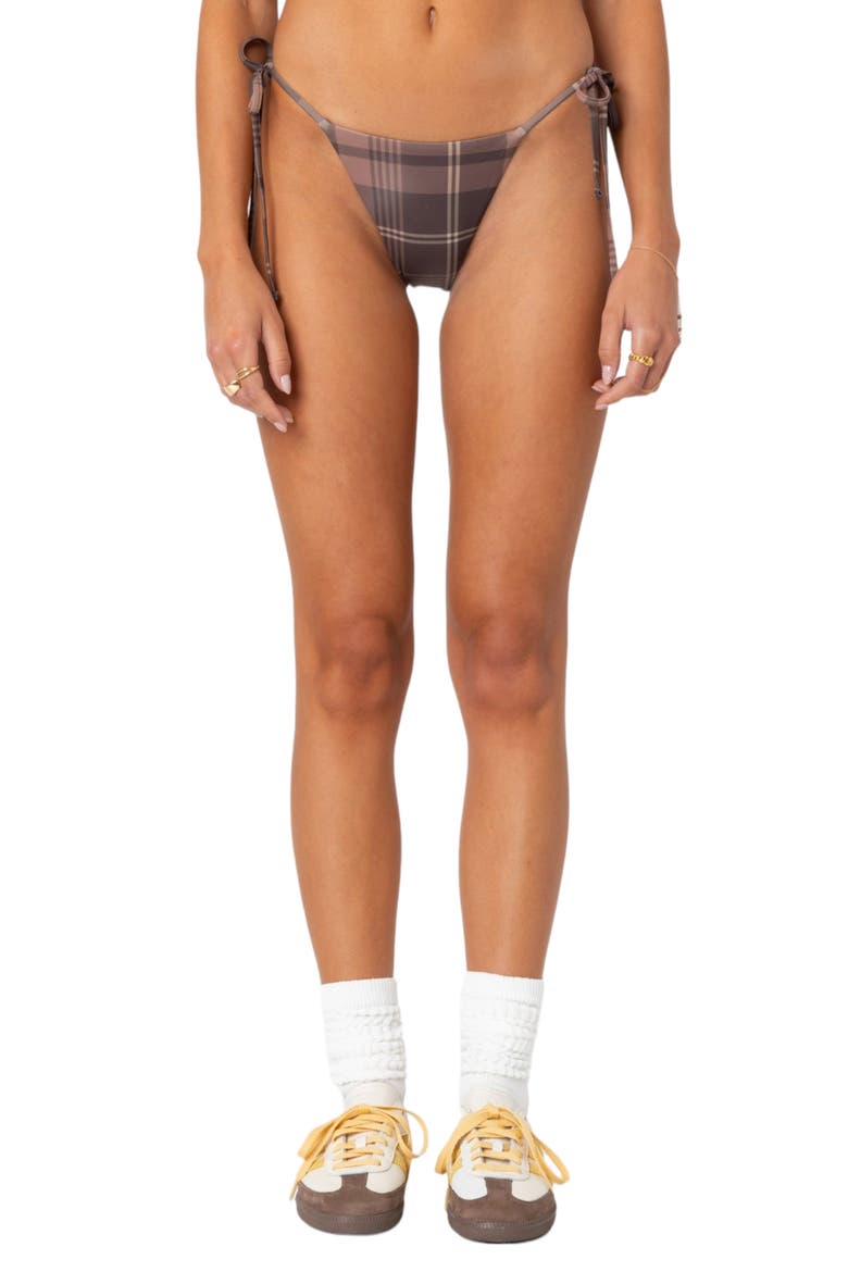 Wilhelmina Plaid Side Tie Bikini Bottoms, Main, color, BROWN