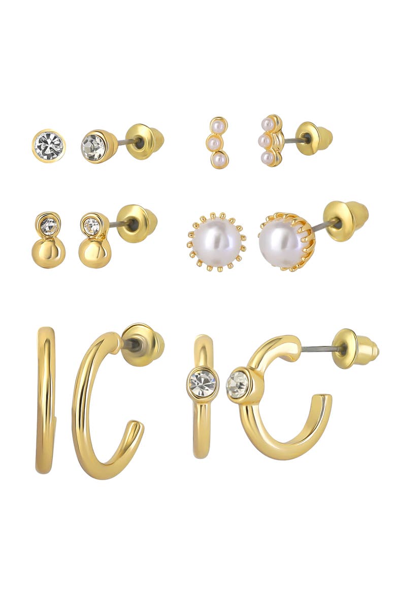Embellished Gold-Tone Hoops and Stud Earrings Pack of 6 | 6-Pack, Small Hoops and Stud Earrings with Pearl and Rhinestone Accents, Main, color, Gold-Tone