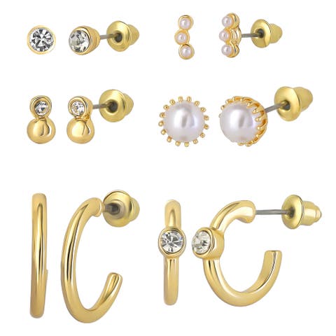 Embellished Gold-Tone Hoops and Stud Earrings Pack of 6 | 6-Pack, Small Hoops and Stud Earrings with Pearl and Rhinestone Accents
