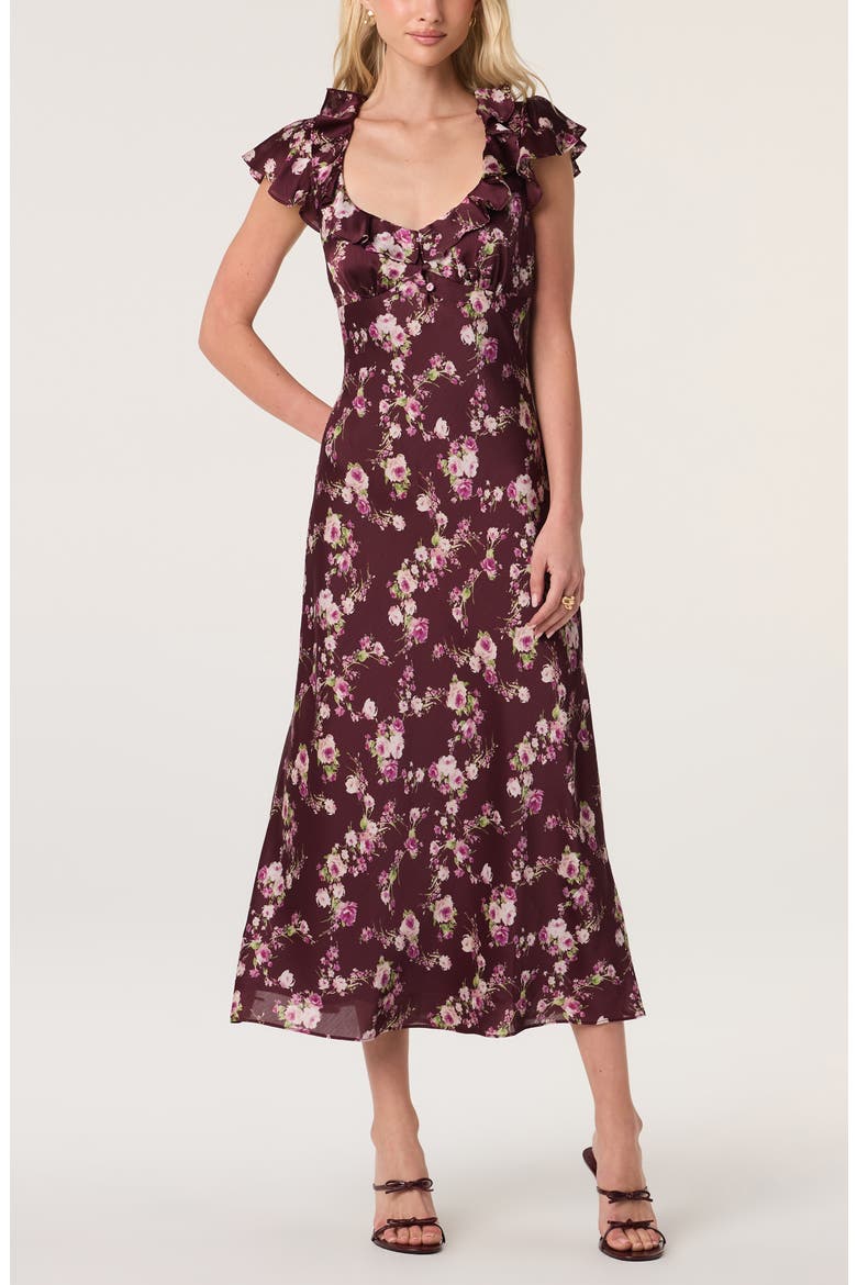 Nico Floral Ruffle Cap Sleeve Midi Dress, Alternate, color, BURGUNDY FLORAL