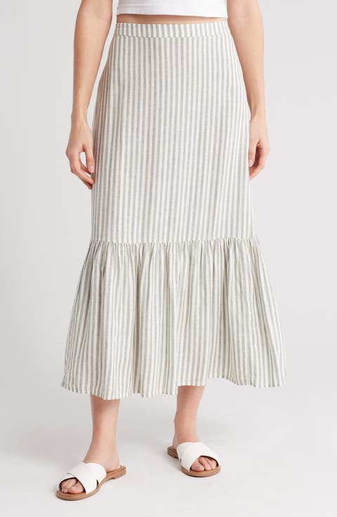 Stripe Tiered Linen Blend Midi Skirt