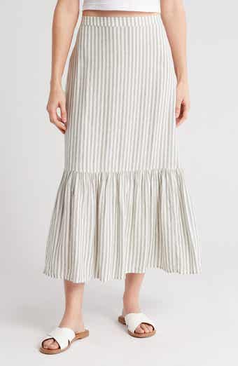 Caslon® Stripe Tiered Linen Blend Midi Skirt
