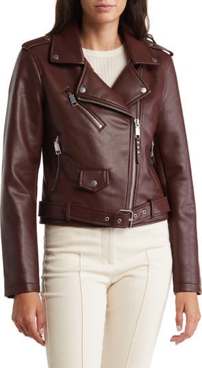 Rebecca Minkoff outlets NWT Large Brown Faux Leather Moto Jacket Belted Bottom