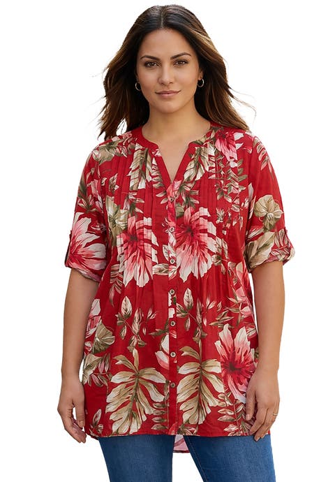 Pintuck Tunic Blouse Y-Neck & Roll-Tab Sleeves (Plus)
