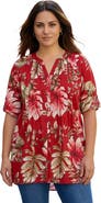 Roaman's Pintuck Tunic Blouse Y-Neck & Roll-Tab Sleeves