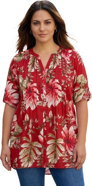 Roaman's Pintuck Tunic Blouse Y-Neck & Roll-Tab Sleeves