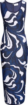 ST. JOHN Lynn Metallic Scroll Jacquard Sweater Dress