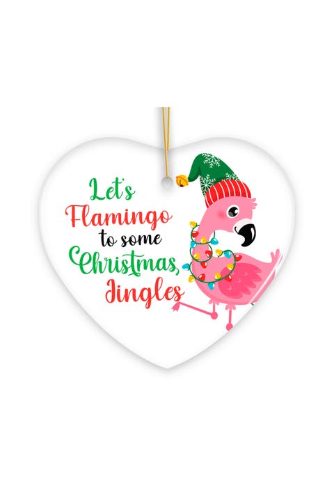 Flamingo Christmas Jingles Heart Ceramic Ornament