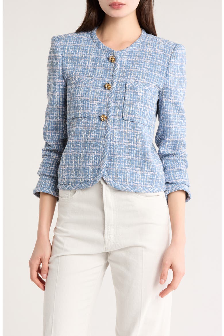 Emilia Dome Button Tweed Jacket, Main, color, COBALT MULTI