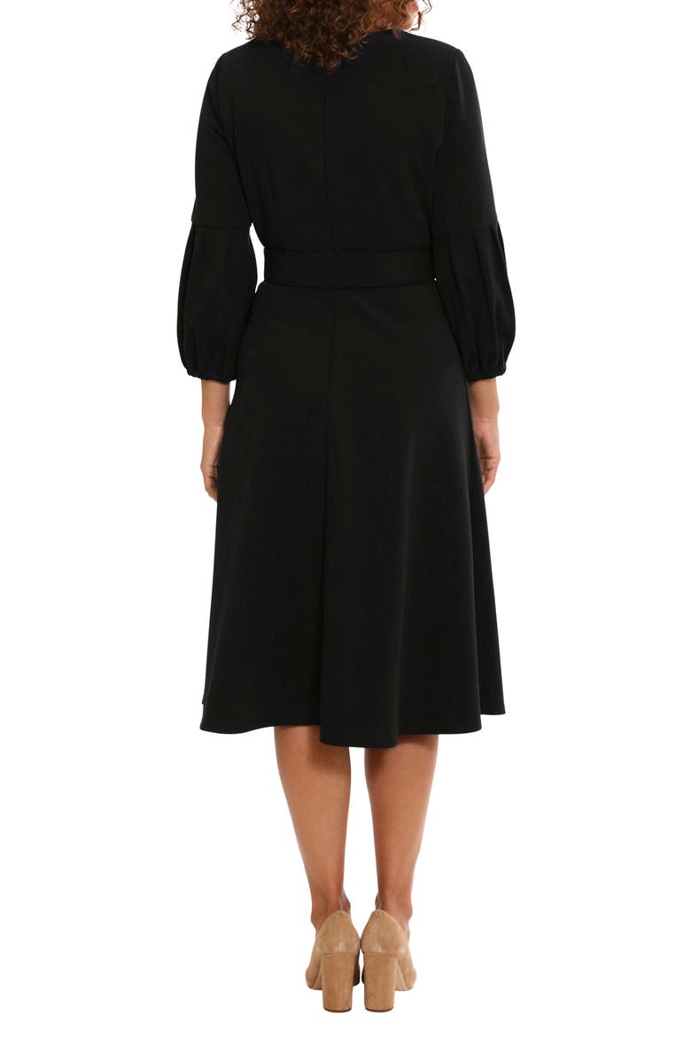 Pleated Sleeve Belted Fit & Flare Dress, Alternate, color, BLACK