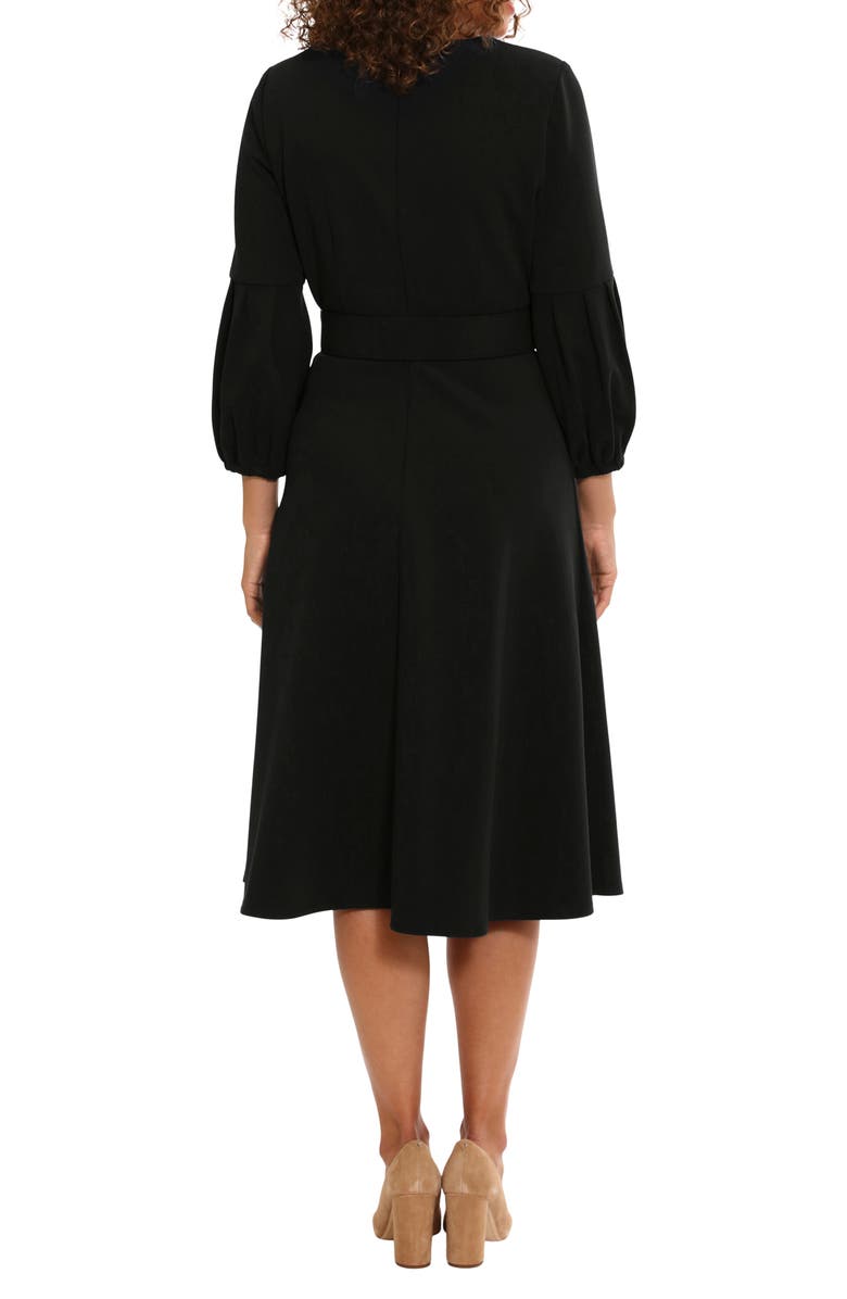 London Times Pleated Sleeve Belted Fit & Flare Dress, Alternate, color, Black