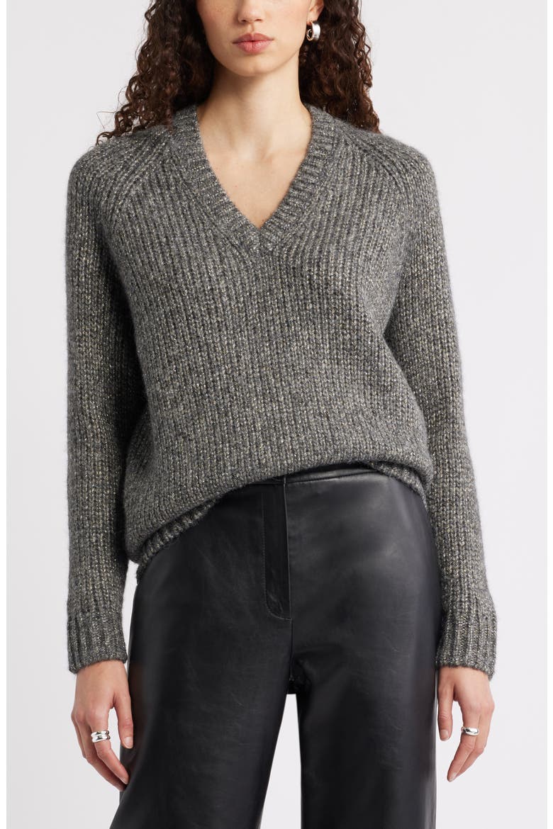 Sparkle V-Neck Sweater, Main, color, GREY DK HEATHER METALLIC MARL