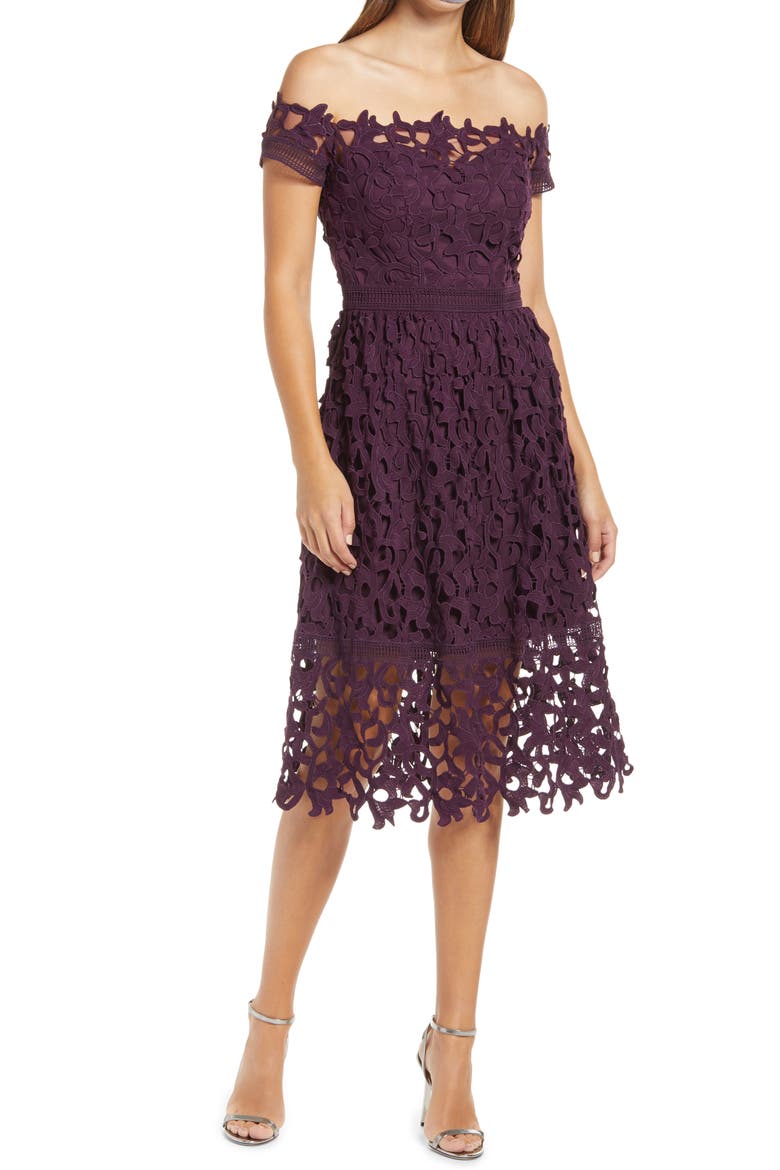 Lizana Off the Shoulder Lace Fit & Flare Dress, Main, color, BERRY