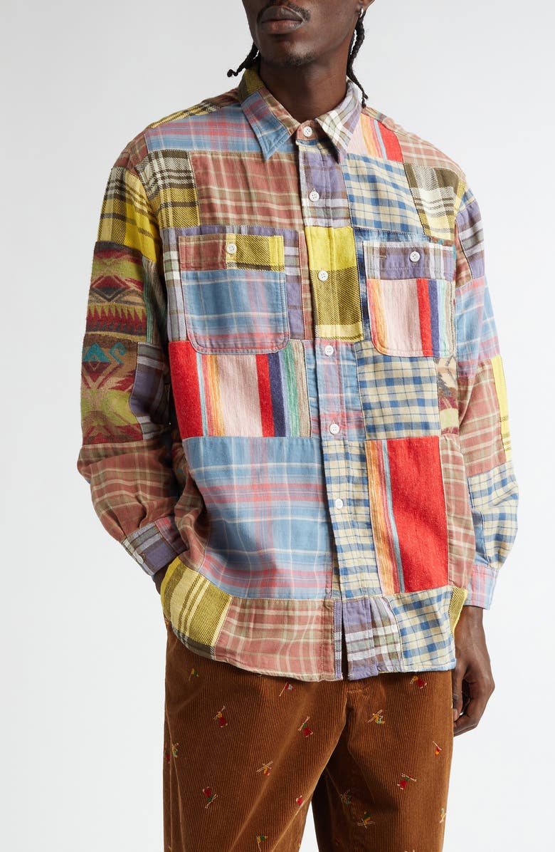 BEAMS Work Patchwork Flannel Button-Up Shirt, Main, color, 