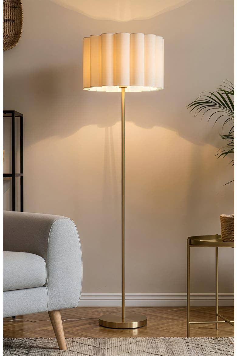 Estelle 65" Polished Brass LED Floor Lamp with Scalloped Ivory Cotton Drum Shade, Bulb Included, Alternate, color, Polished Brass