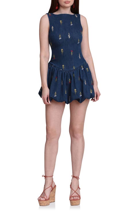 Embroidered Bubble Hem Denim Minidress