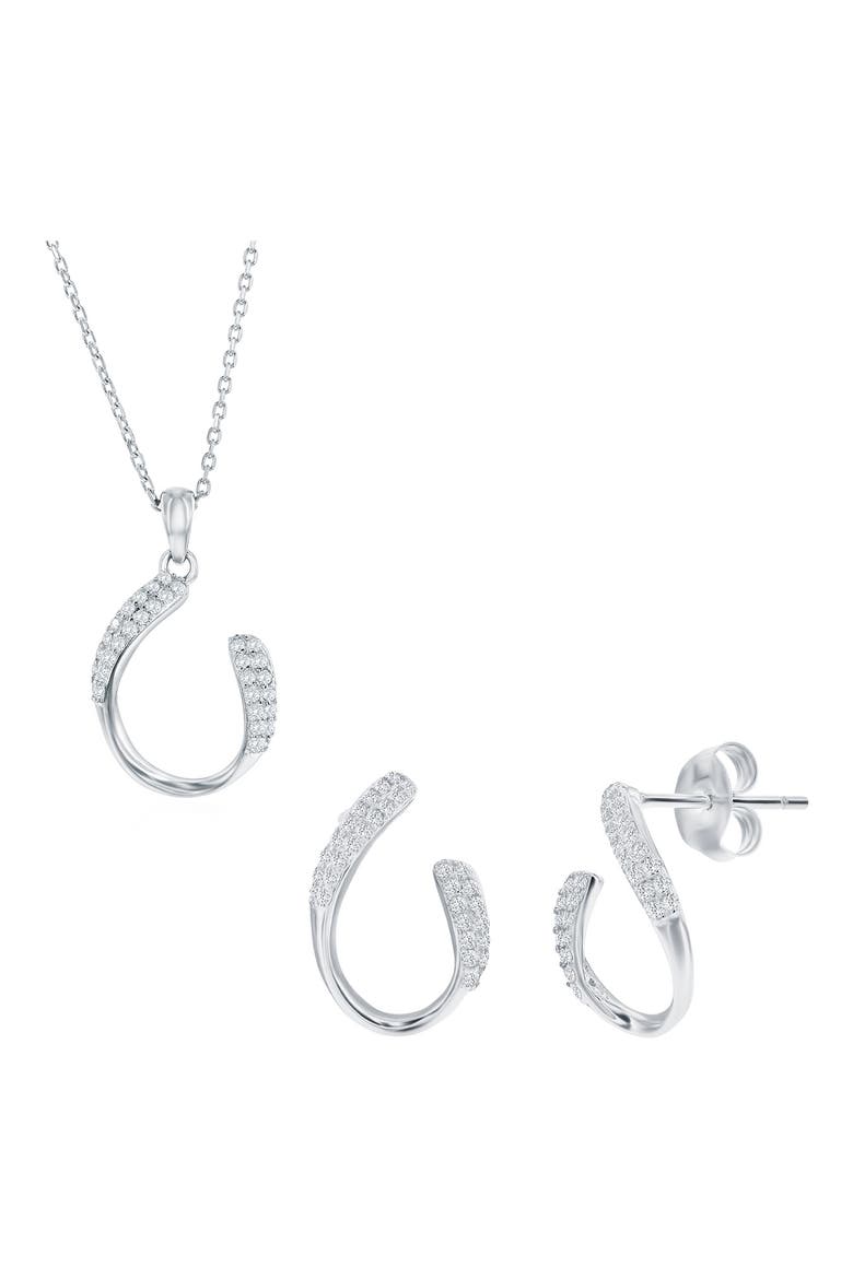 Pavé Cubic Zirconia Hook Stud Earrings & Pendant Necklace Set, Main, color, SILVER