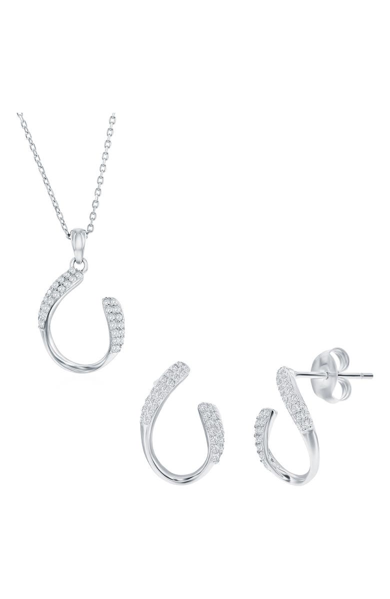 SIMONA Pavé Cubic Zirconia Hook Stud Earrings & Pendant Necklace Set, Main, color, Silver
