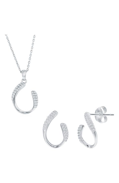 Pavé Cubic Zirconia Hook Stud Earrings & Pendant Necklace Set