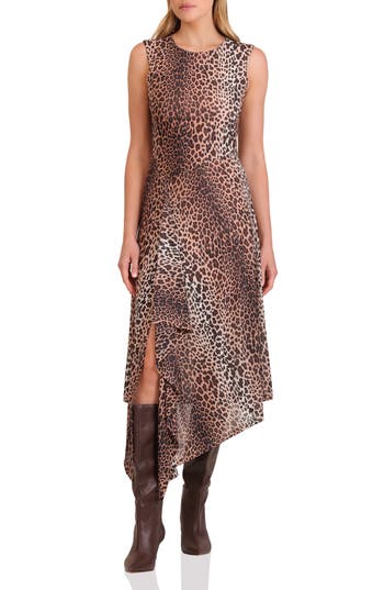 Avec Les Filles Directional Stripe Asymmetric Hem Dress In Animal Print