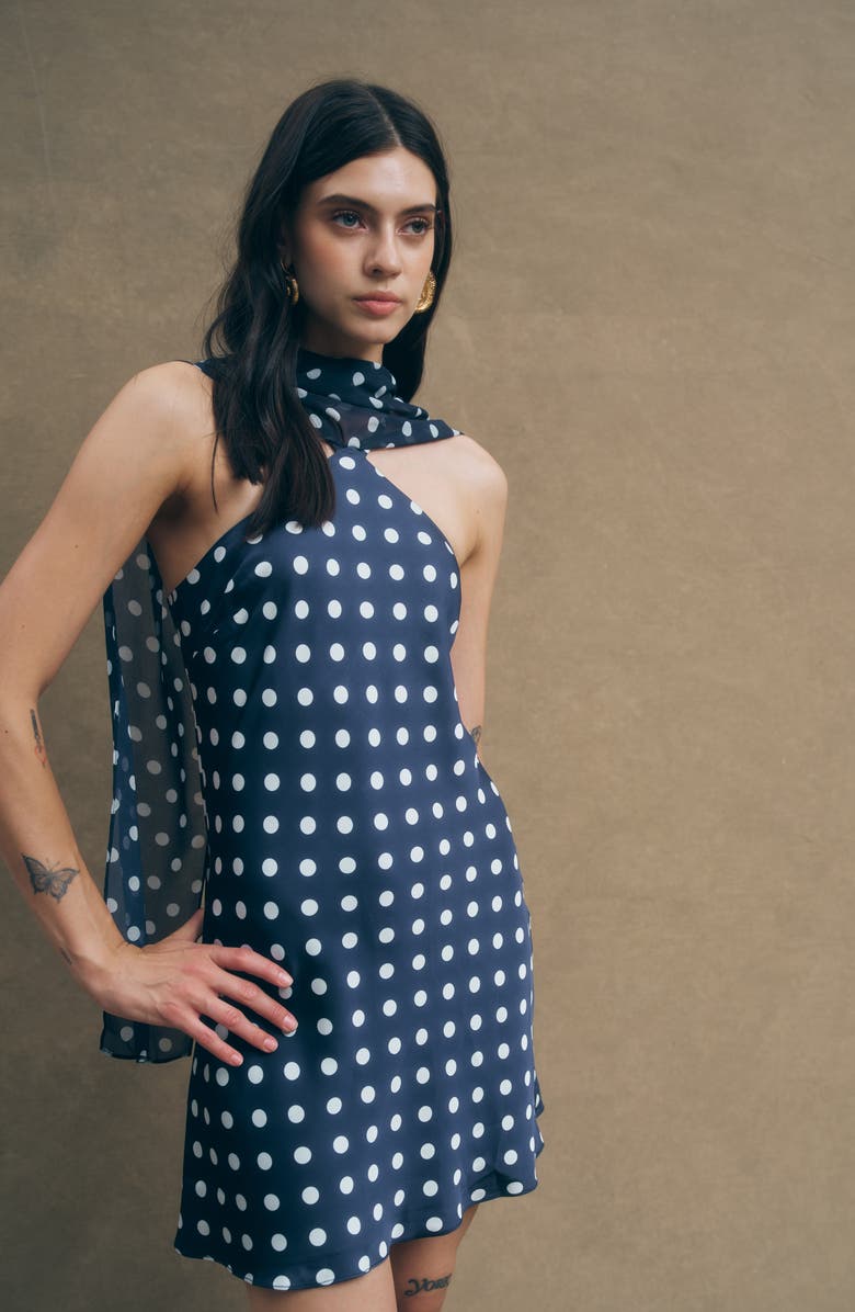 MAUDE CLUB Hendrix Polka Dot Halter Neck Minidress with Removable Scarf, Alternate, color, Navy White Dots