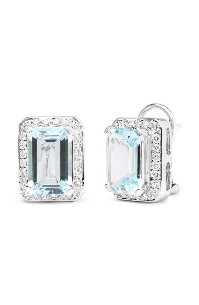 Haus of Brilliance 18K White Gold 3/4 Ct Diamond & Blue Aquamarine Gemstone Halo Omega Stud Earrings, Alternate, color, White
