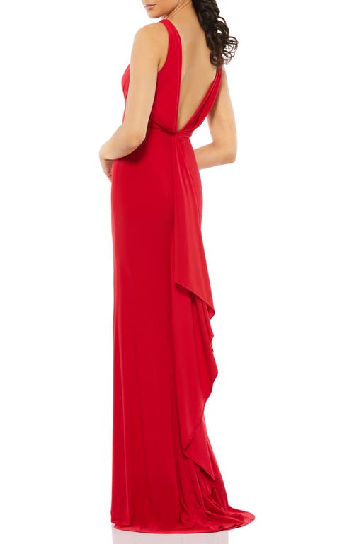 Mac Duggal V-neck Sleeveless Thigh-slit Jersey Gown In Red