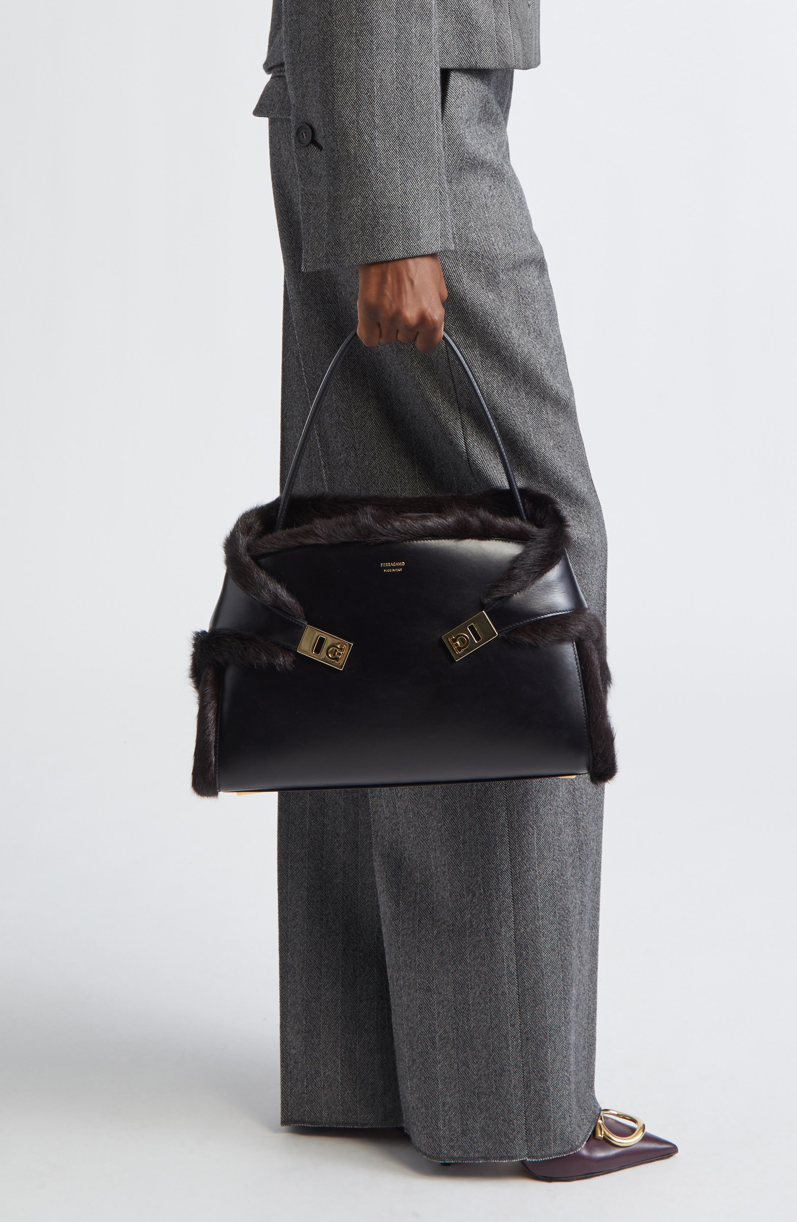 FERRAGAMO Hug Genuine Shearling Trim Leather Satchel, Alternate, color, Nero