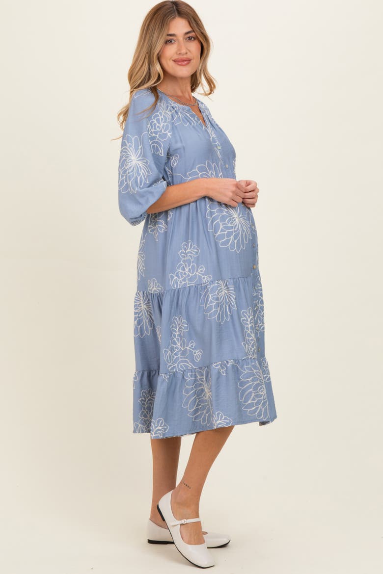 Embroidered Tiered Midi Shirt Dress, Alternate, color, Blue