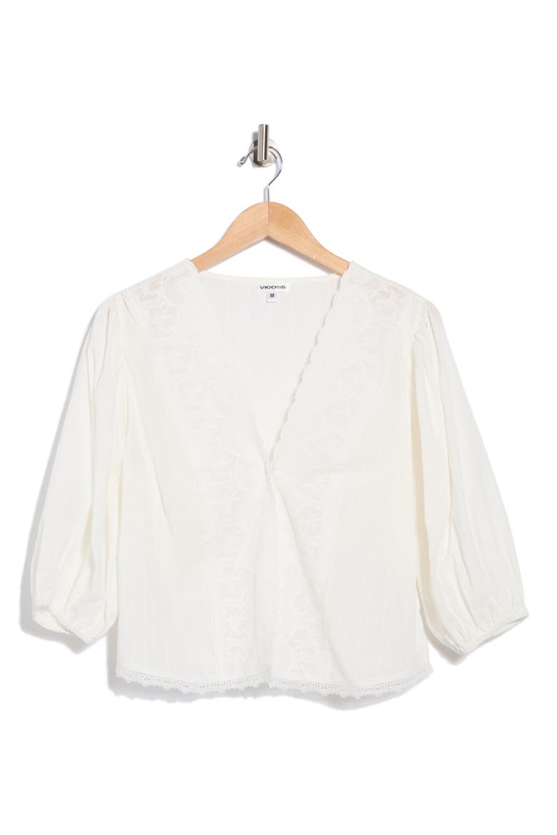 Lace Trim Three-Quarter Sleeve Top, Alternate, color, WHITE