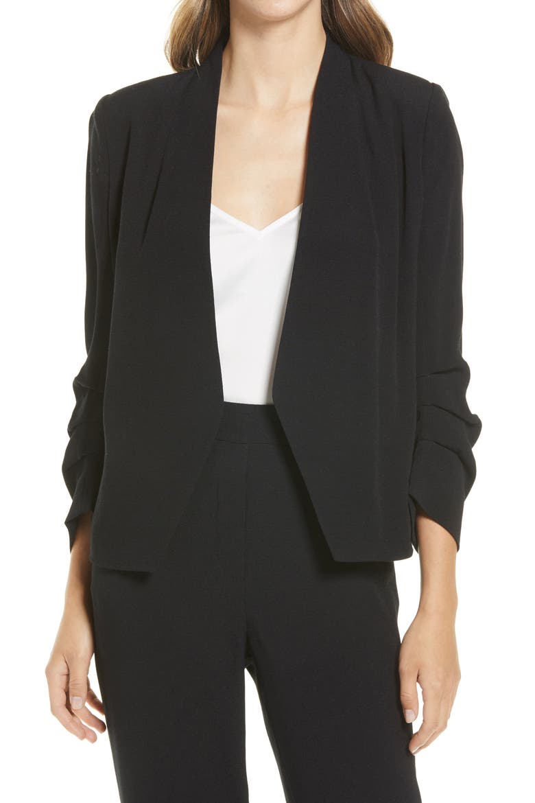 Open Ruched Sleeve Crepe Blazer, Main, color, BLACK