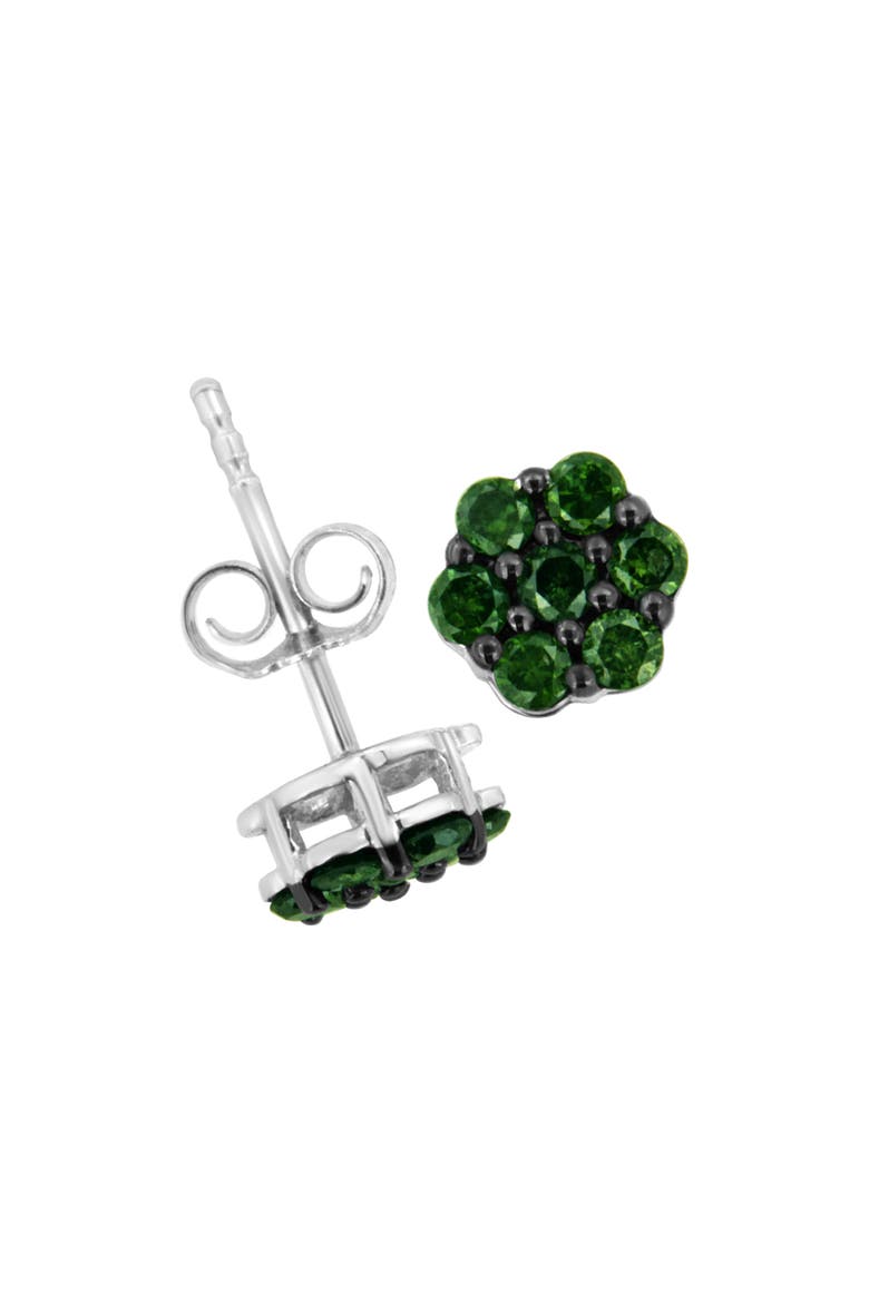 Silver 4.0 Cttw Round Treated Green Diamond Floral Cluster Stud Earring, Alternate, color, Green Diamond | White