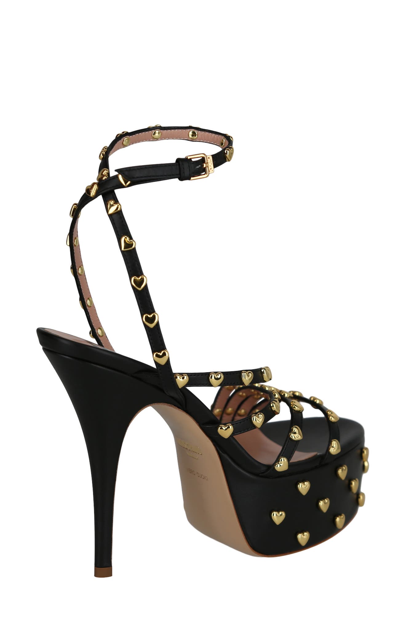 Moschino Heart Studded Ankle Strap Platform Sandal, Alternate, color, Black