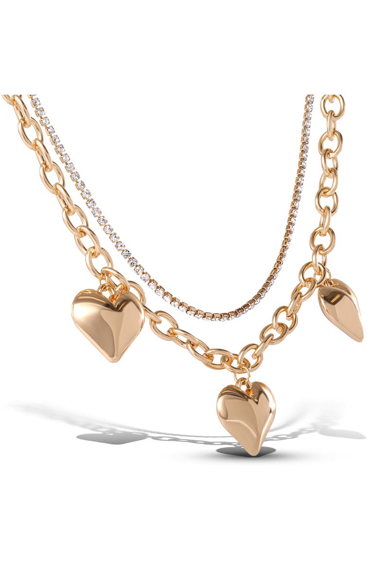 Triple Heart Statement Necklace, Alternate, color, Gold