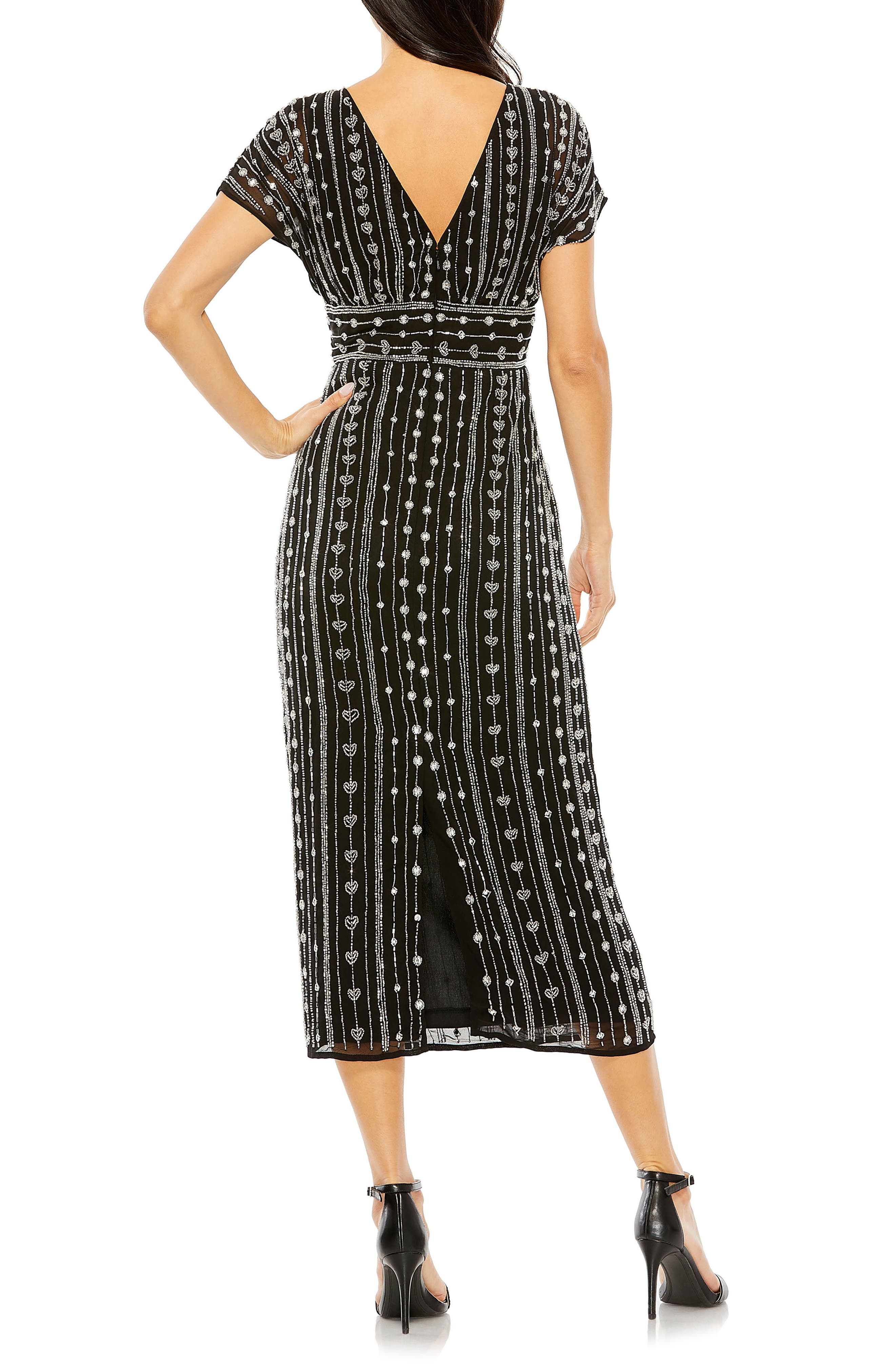 beaded cap sleeve a line midi dress Ieena for Mac Duggal - White Beaded Cap Sleeve A Line Midi Dress