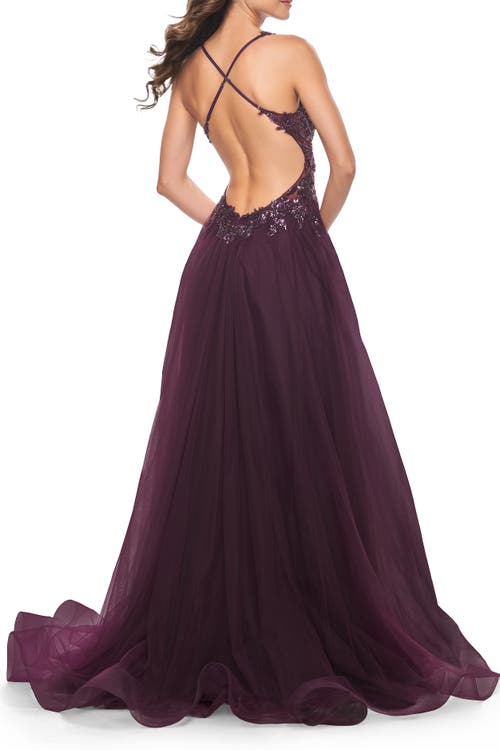 La Femme Tulle A-line Gown With Sheer And Beaded Lace Detail In Dark Berry
