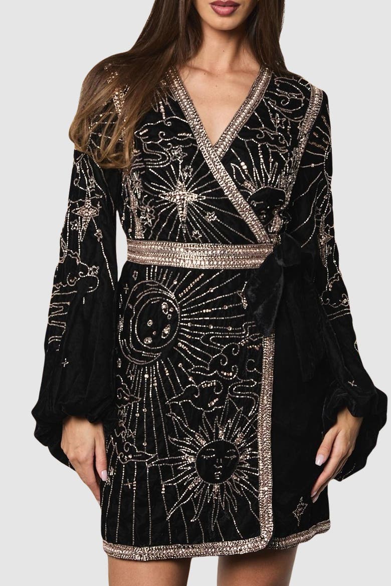 Party Sequin Velvet Wrap Mini Dress, Alternate, color, Black