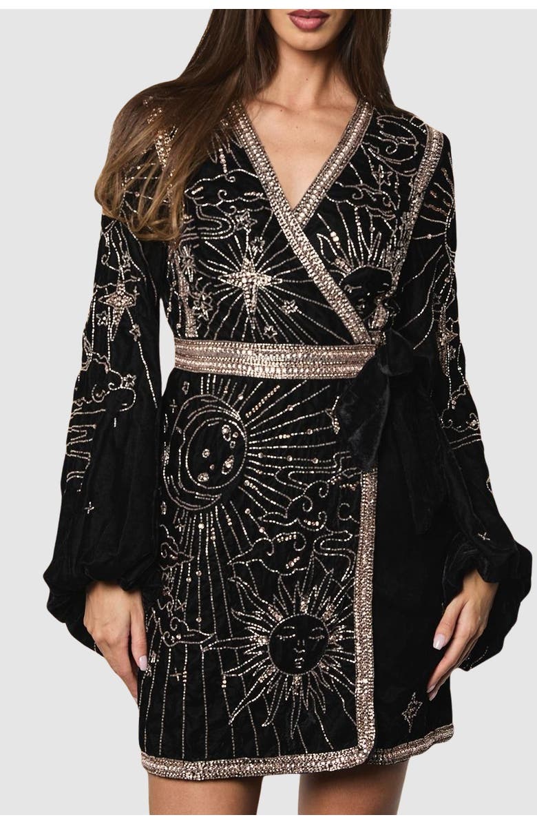 Coast Party Sequin Velvet Wrap Mini Dress, Alternate, color, Black